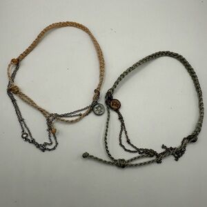 Pura Vida Green & Peach Woven Adjustable Bracelets Lot Of (2) with Chains